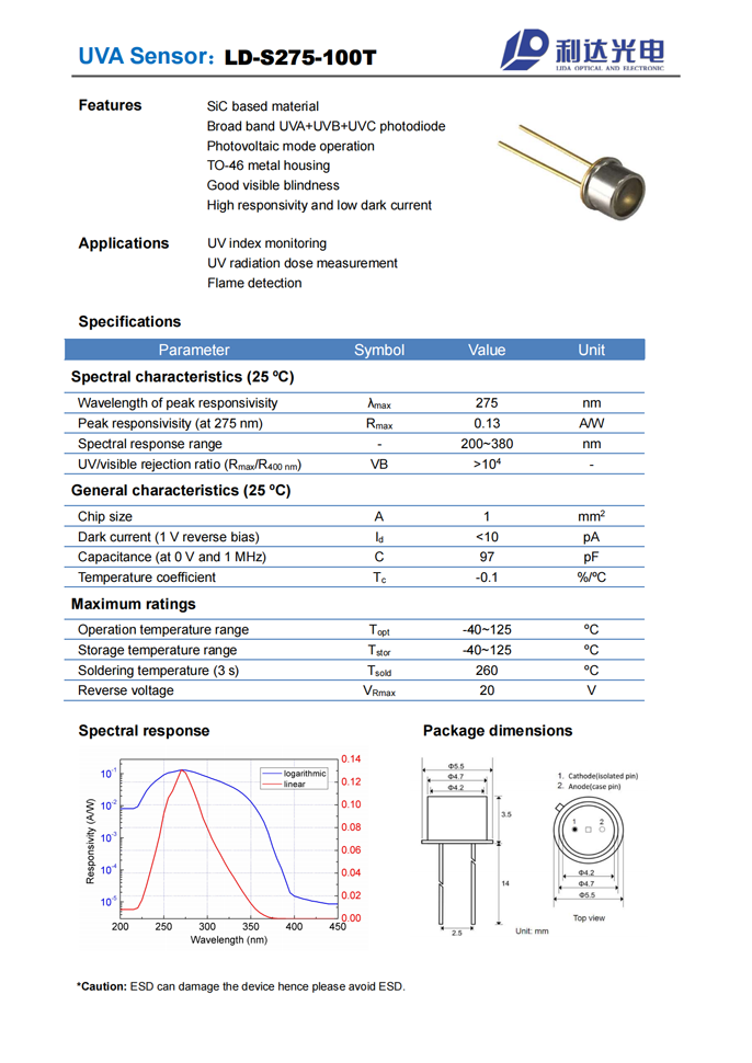 SiC系列紫外探測器 LD-S275-100T