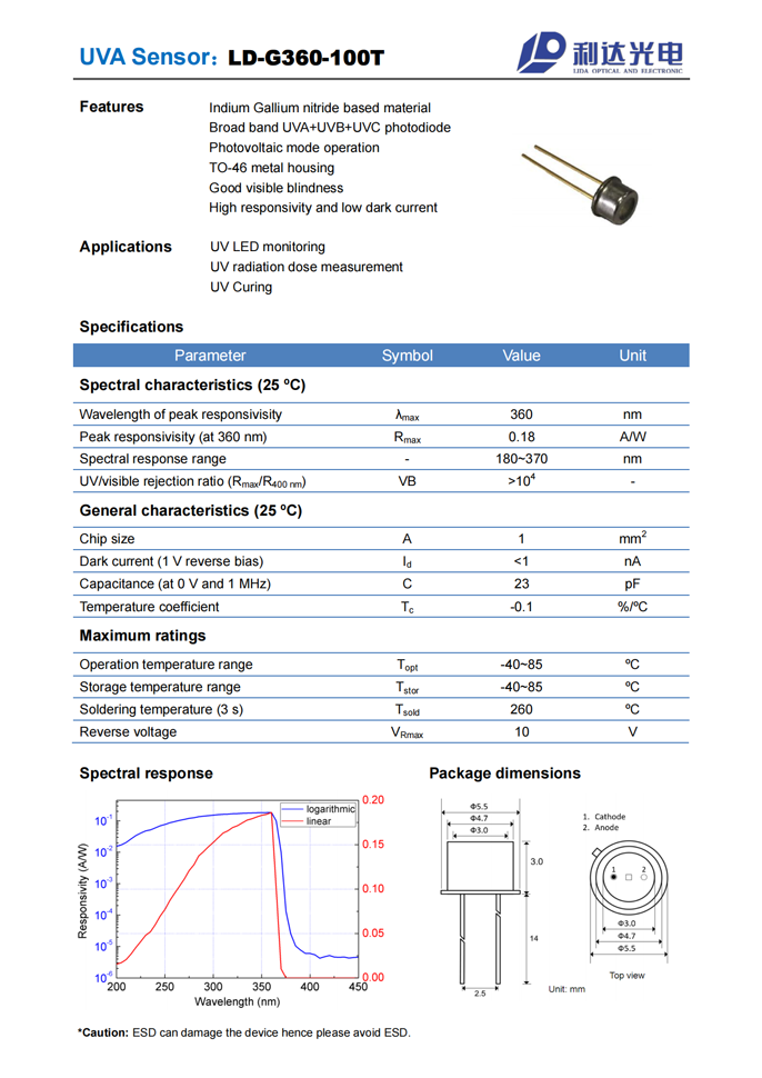 GaN系列紫外探測器 LD-G360-100T